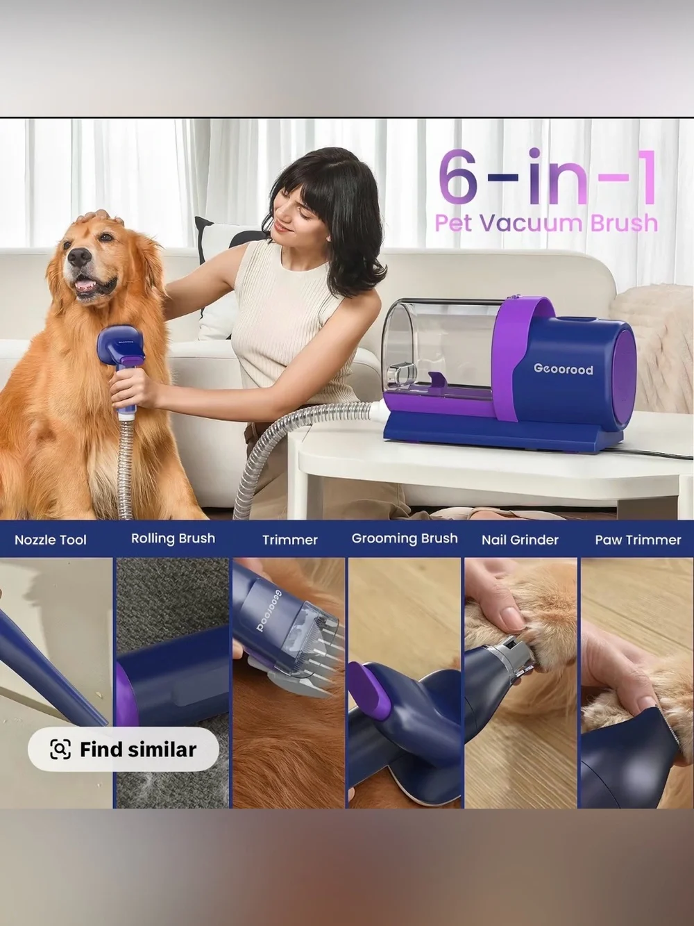 6-in-1 Geoorood Pet Grooming Vacuum Kit with Clippers & Nail Grinder